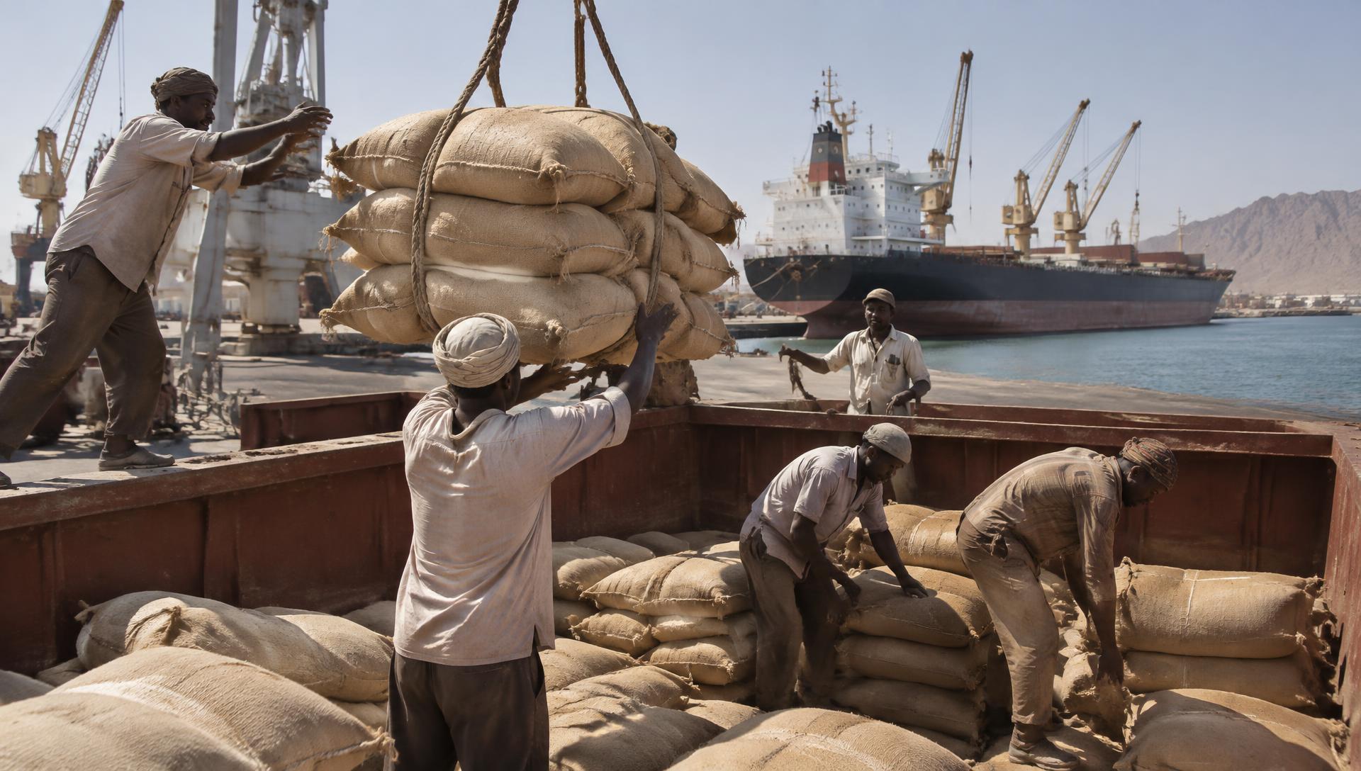 Workers loading sacks of gum arabic and sesame onto a cargo ship at a Red Sea port