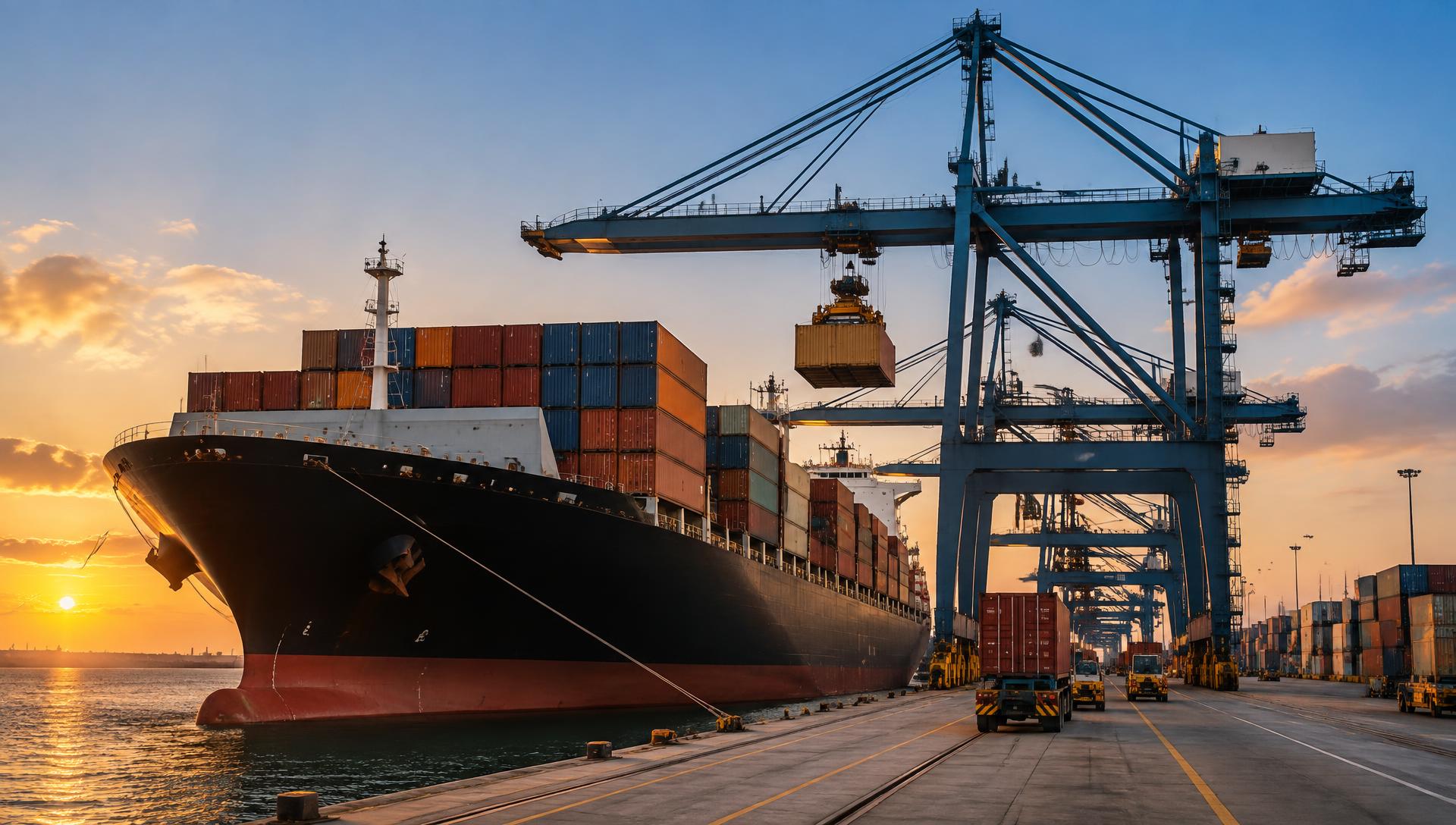 Container ship being loaded by gantry cranes at a busy international port at sunset